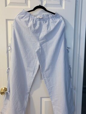 Light Blue and White Seersucker Tie-Side Lounge Pants